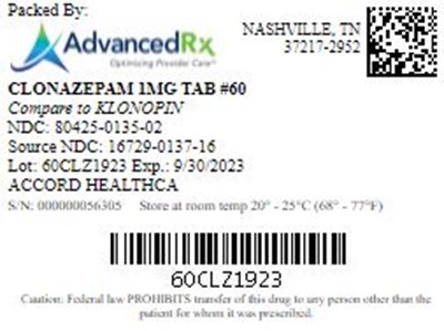Clonazepam 1mg Tab Qty 60 NDC 80425-0135.jpg Clonazepam 1mg Tab Qty 60 NDC 80425 0135